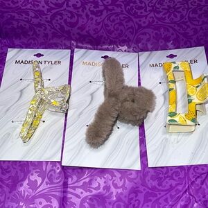 New 3 Madison Tyler Lovely Yellow/White Splatter, Lemon, Faux Fur Hair Clips